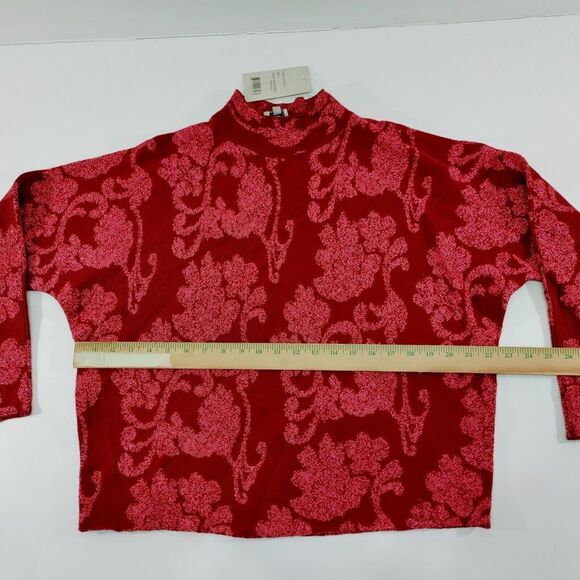 Sioni Red Floral Mock Neck Sweater Textured‎ Pattern Long Sleeve Crop Top Size L - Picture 3 of 8